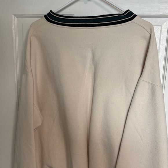 CHANEL Cream V-Neck Sweater with Dark Green & Black Trim and Embroidered Logo - Picture 6 of 7